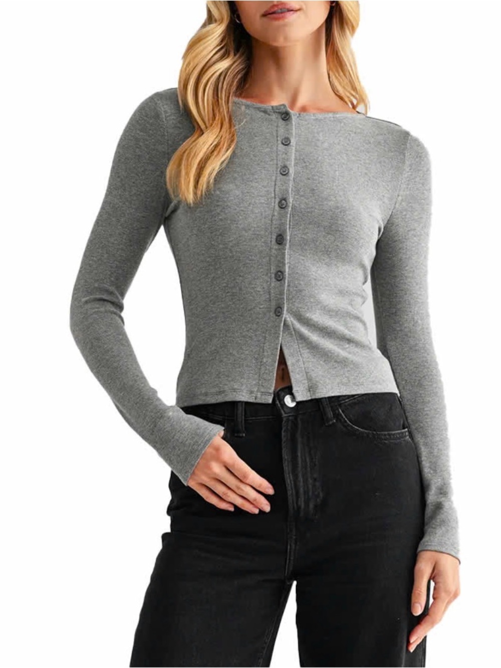 Lush Button Front Long Sleeve Grey Ribbed Top, Womens Medium